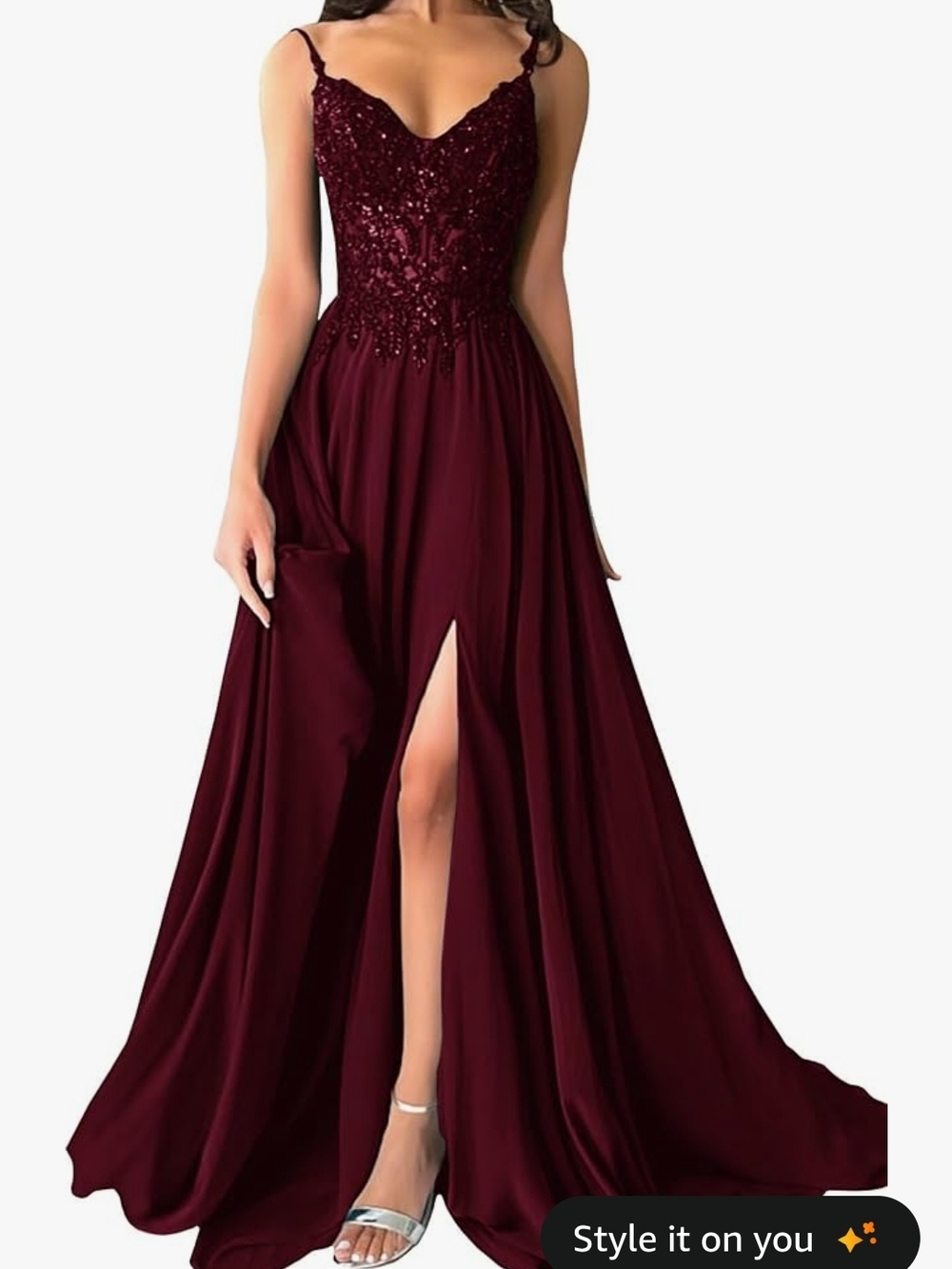 Burgundy Beaded Spaghetti-Strap Prom Gown with High Slit